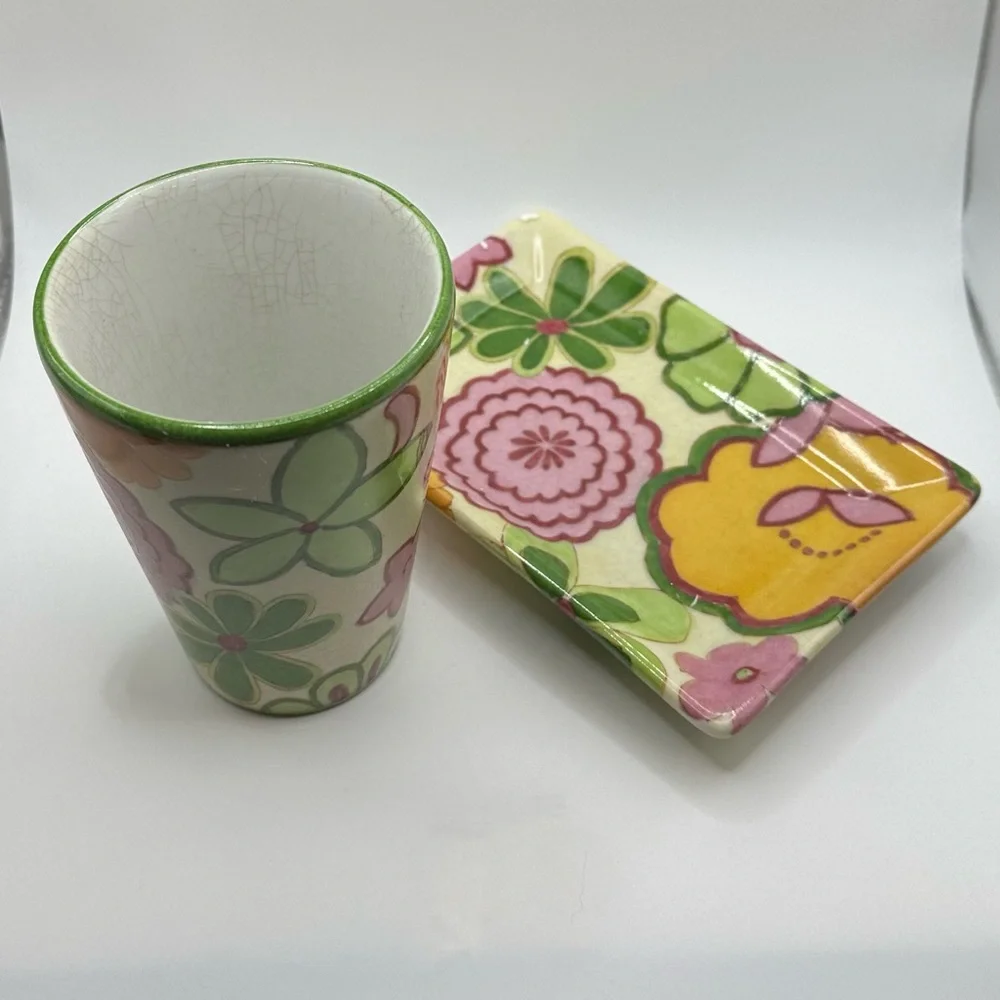 Floral Ceramic Cup and Soap Dish Set NWT